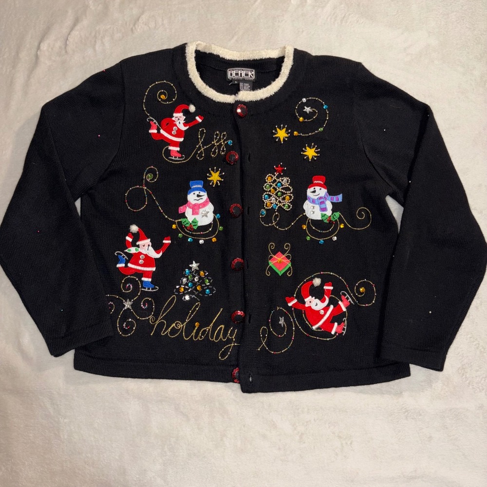 Vintage Berek Christmas Cardigan Sweater Womens Large Black Sequin Santa Holiday